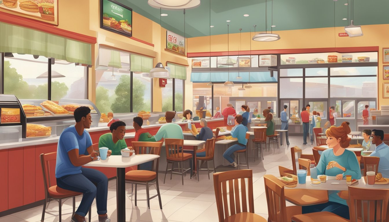 A bustling morning scene at Wendy's, with customers ordering from the breakfast menu. Tables and chairs are neatly arranged, and the aroma of freshly cooked food fills the air