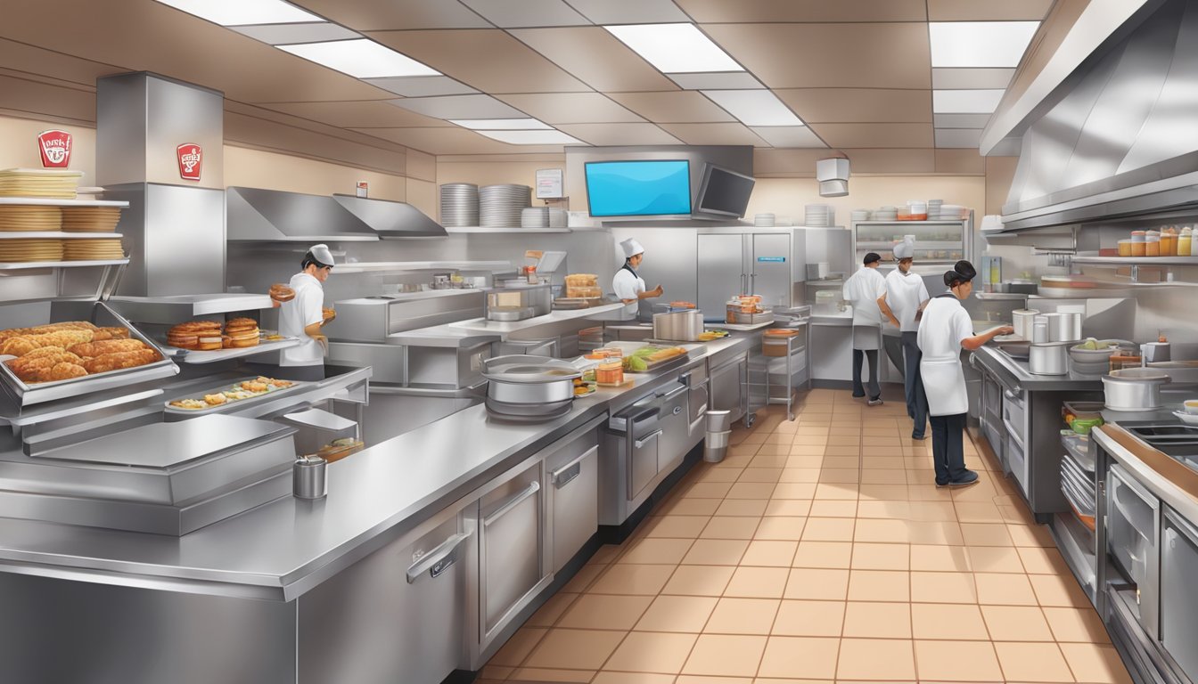 The bustling kitchen of a Wendy's restaurant, with digital order screens and staff preparing breakfast items