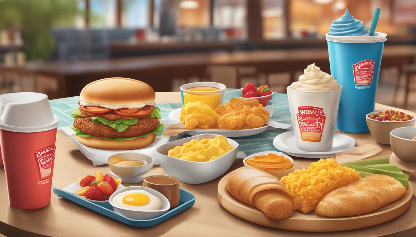 A colorful display of Wendy's breakfast items and limited offers arranged on a table with a warm, inviting atmosphere