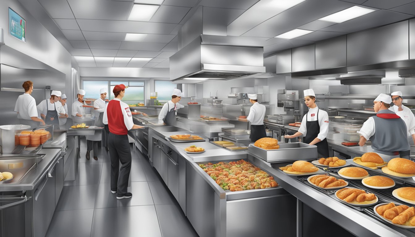 A bustling Wendy's restaurant kitchen during the breakfast launch, with staff efficiently preparing and serving food, and a manager overseeing operations