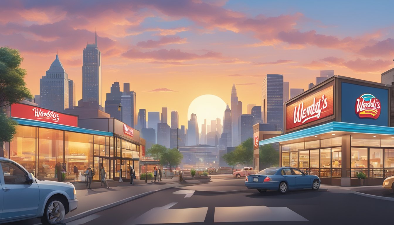 A bustling city skyline with a sunrise backdrop, featuring a Wendy's restaurant with a new breakfast menu displayed on a large outdoor billboard