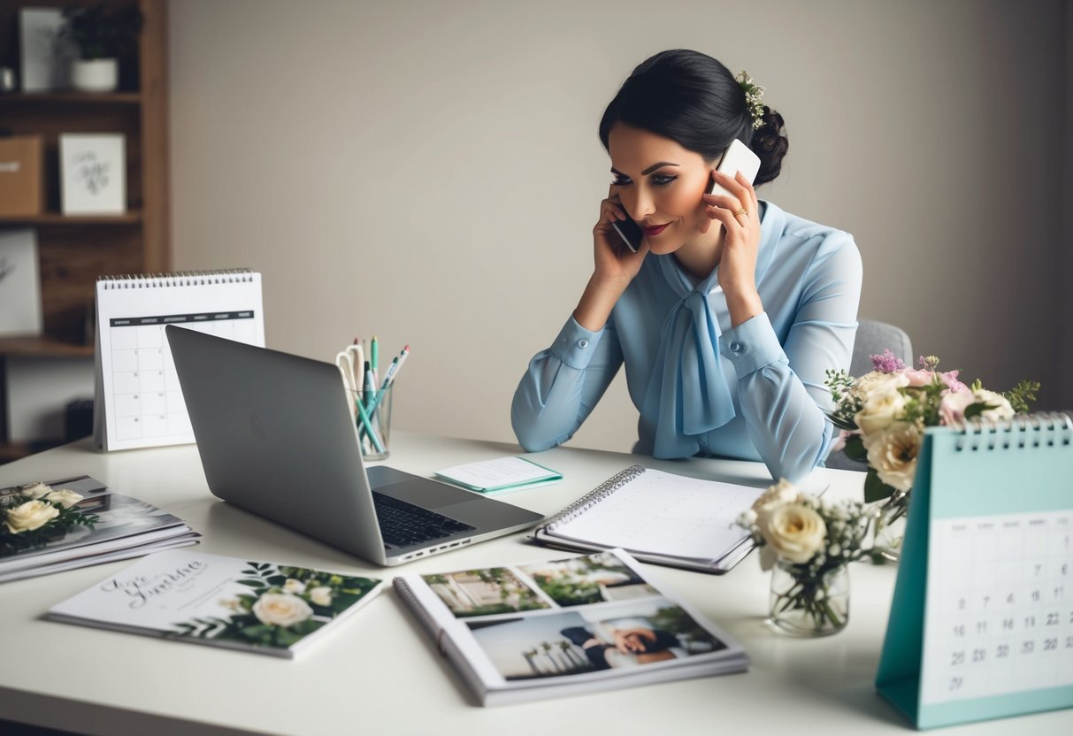 A freelance wedding planner sits at a desk with a laptop and calendar, surrounded by wedding magazines and floral samples. They are deep in thought, jotting down notes and making phone calls