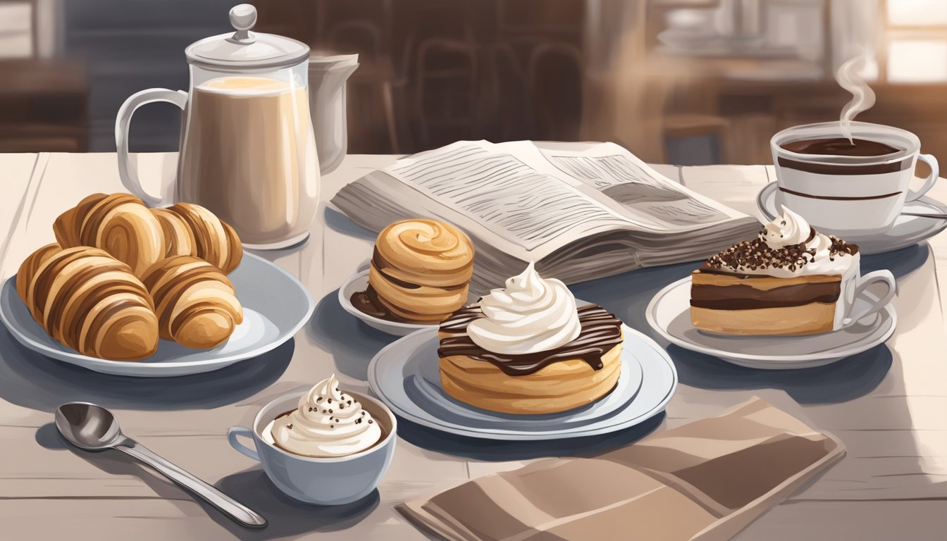 A cozy cafe setting with a steaming cup of Frostycino topped with whipped cream and chocolate drizzle, surrounded by pastries and a morning newspaper