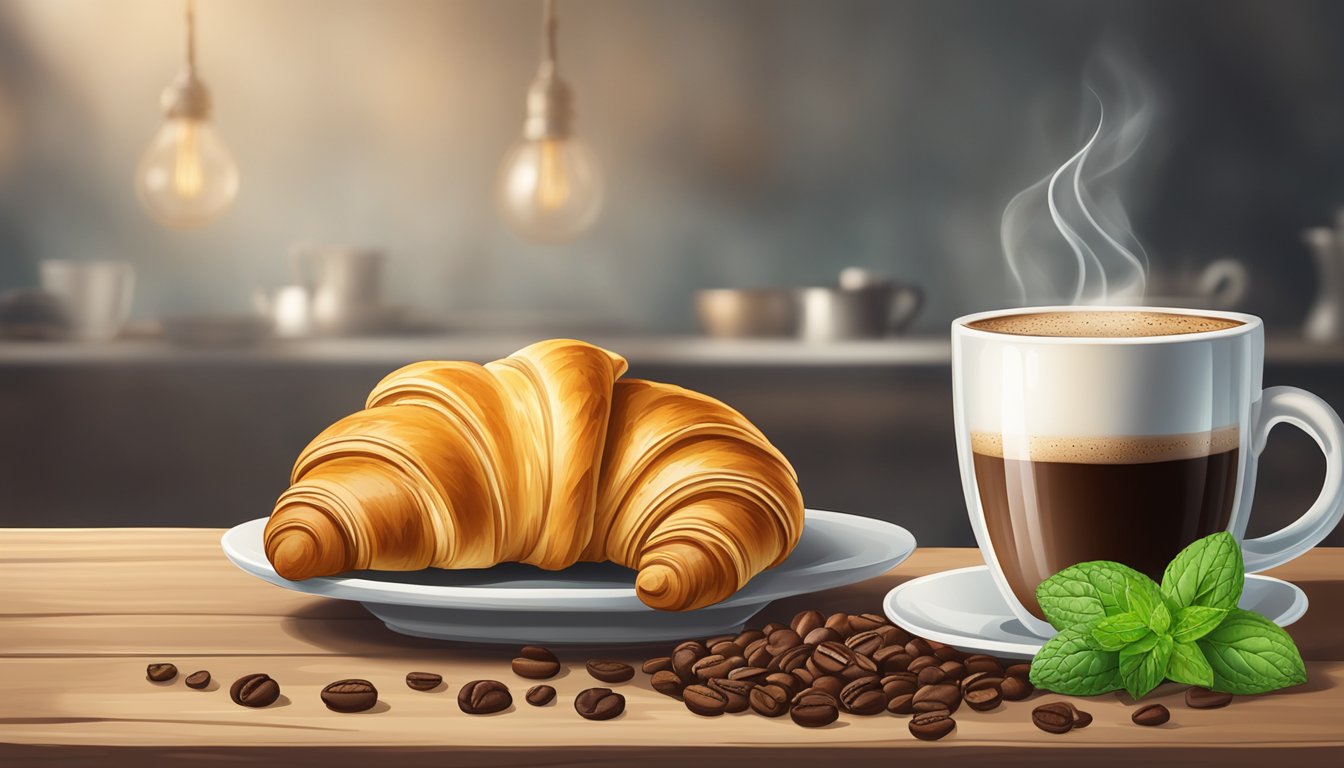 A steaming cup of coffee sits next to a freshly baked croissant on a rustic wooden table, surrounded by a scattering of coffee beans and a sprig of fresh mint