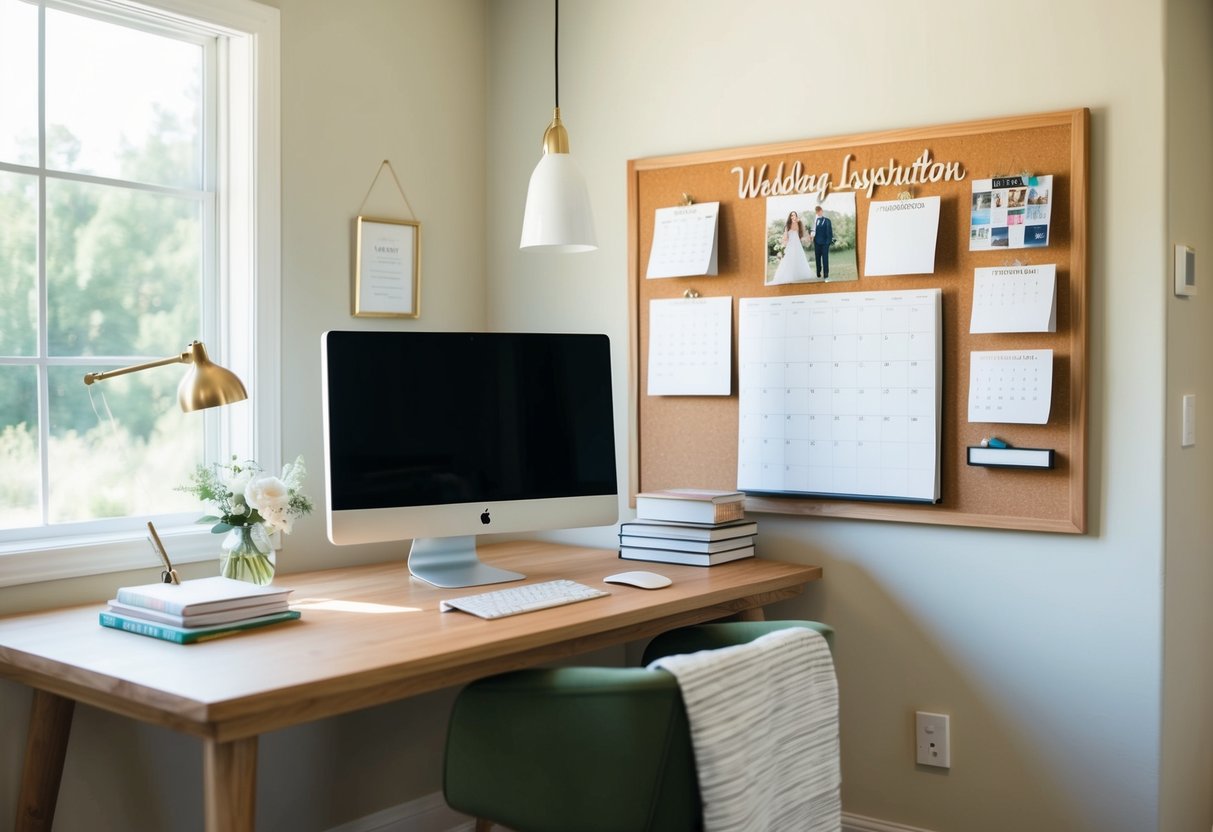 A cozy home office with a desk, computer, and calendar. A corkboard displays wedding inspiration and a stack of planning books sits nearby