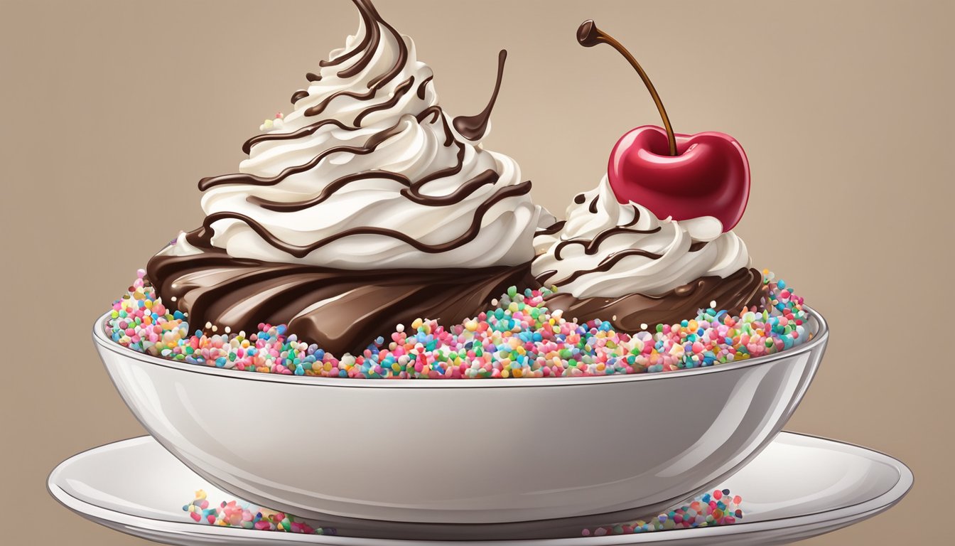 A whimsical coffee cup with a mountain of whipped cream and sprinkles, topped with a chocolate drizzle and a cherry