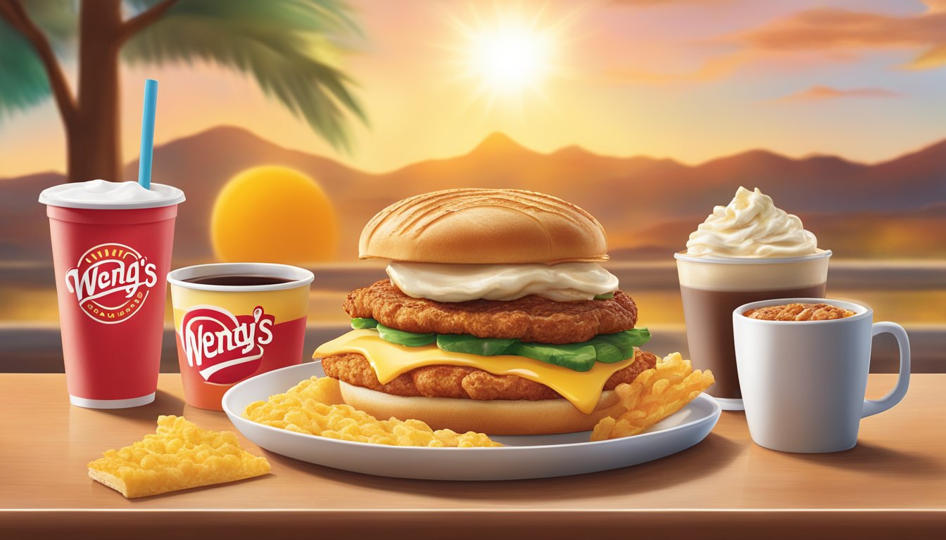 A colorful display of Wendy's breakfast items, with the sun rising in the background, showcasing the variety of delicious options available during breakfast hours