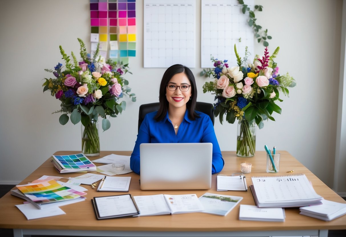 A freelance wedding planner sitting at a desk, surrounded by colorful swatches, floral arrangements, and wedding magazines. A laptop and calendar are open, with notes and sketches scattered around