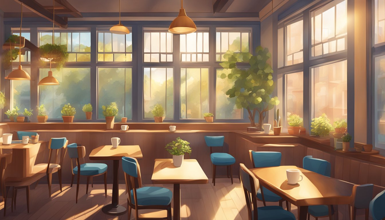 A cozy coffee shop with steaming mugs, inviting seating, and warm sunlight streaming through the windows