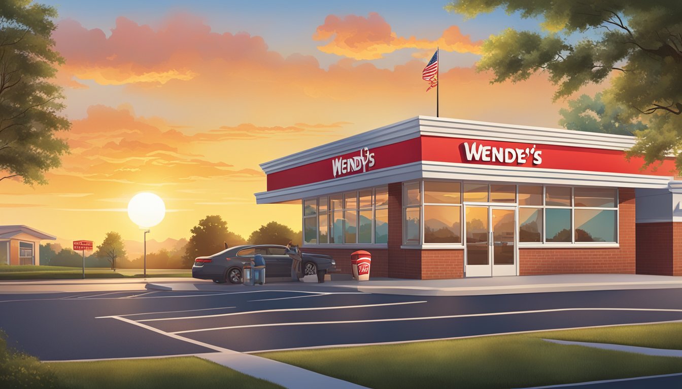 A bright morning scene at a Wendy's restaurant, with the sun rising in the background and the restaurant sign prominently displaying the breakfast hours