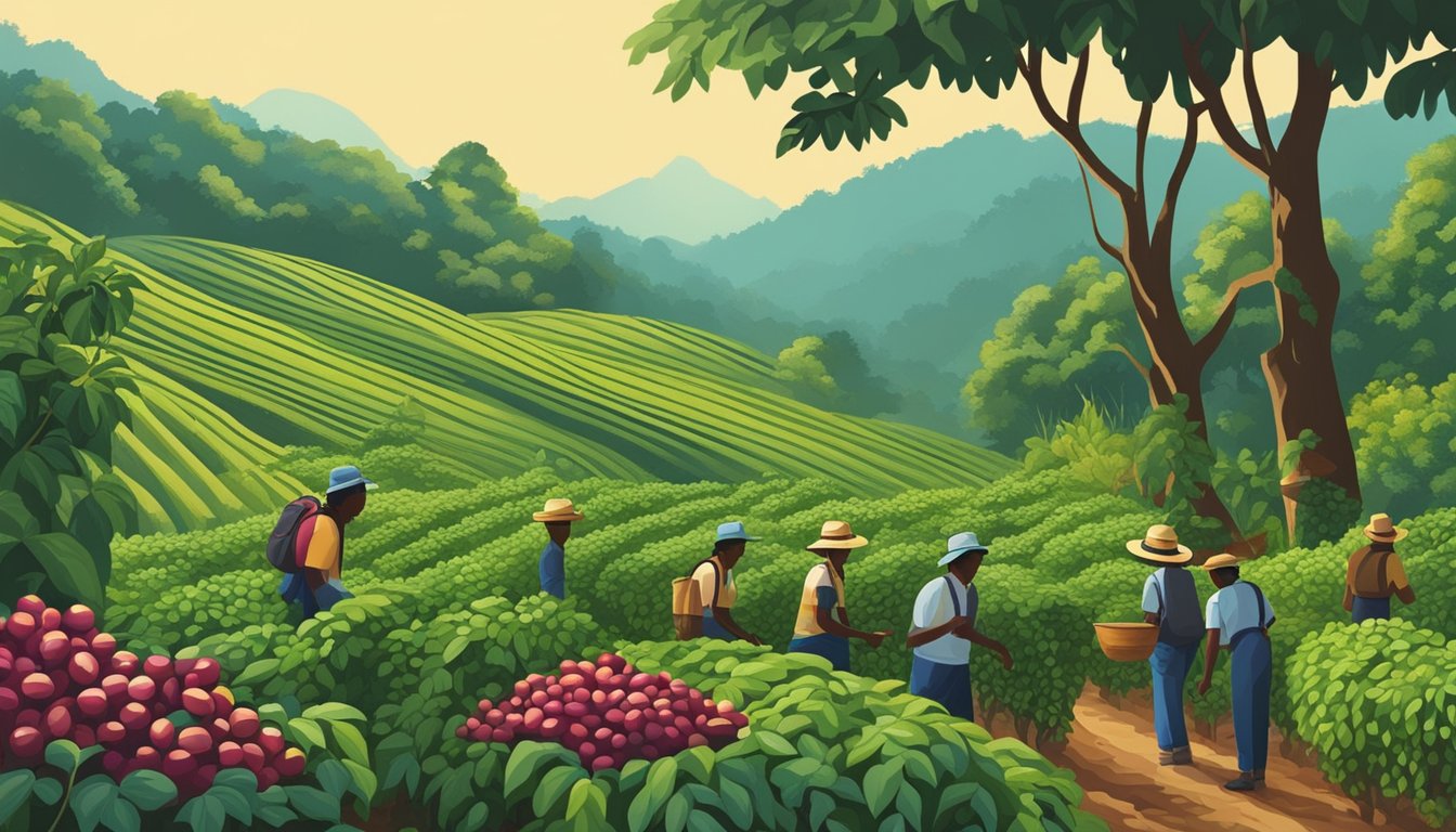 A lush coffee farm with workers harvesting ripe beans under the shade of towering trees, while a stream glistens in the background