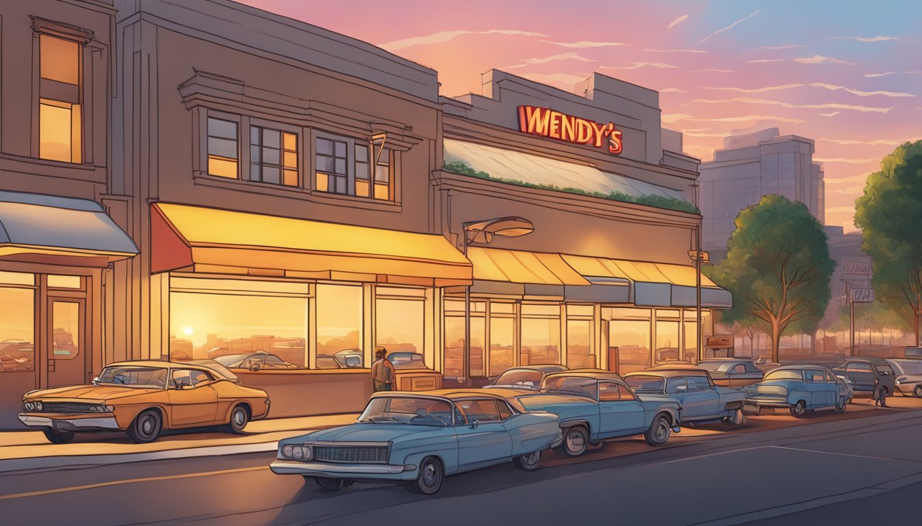 A sunrise over a bustling city, with a line of cars at a drive-thru window and a warm glow emanating from a Wendy's restaurant