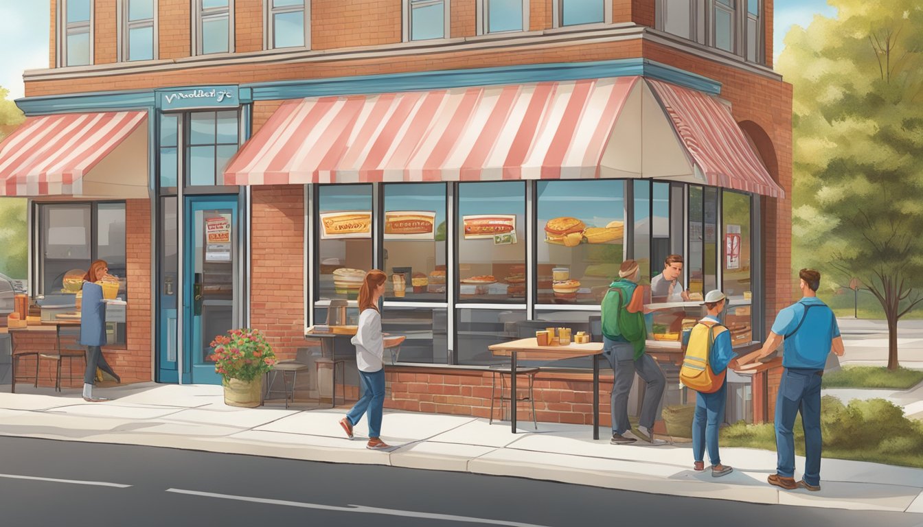 A sunny morning scene outside a Wendy's restaurant with a breakfast menu displayed on the window. Customers entering and leaving with breakfast items in hand