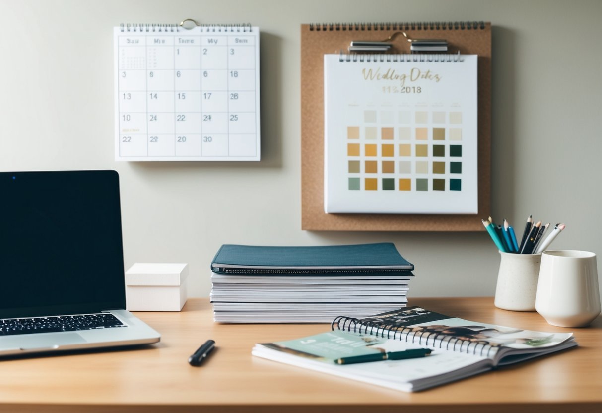 A desk with a laptop, notebook, and pen. A calendar on the wall with wedding dates circled. A stack of wedding magazines and a mood board with color swatches
