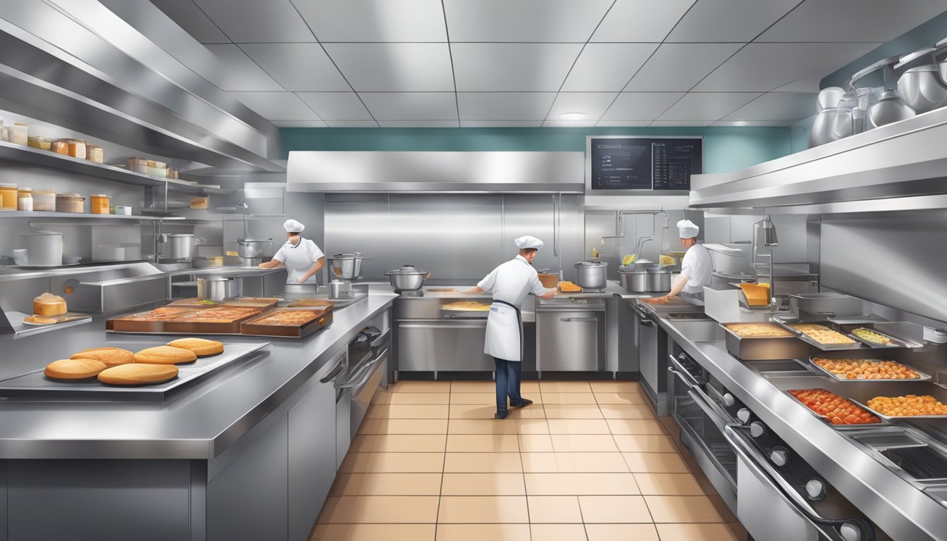 A bustling kitchen with modern cooking equipment and digital order screens, staff efficiently preparing breakfast items for a busy Wendy's restaurant