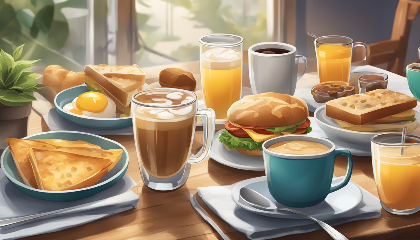 A cozy cafe setting with a table featuring a spread of breakfast items on one side and lunch items on the other, surrounded by steaming mugs and glasses of refreshing drinks