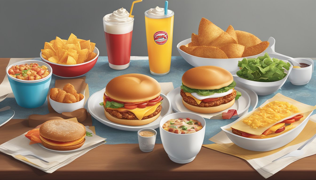 A table displaying Wendy's breakfast and lunch menu items side by side, with colorful and appetizing food illustrations