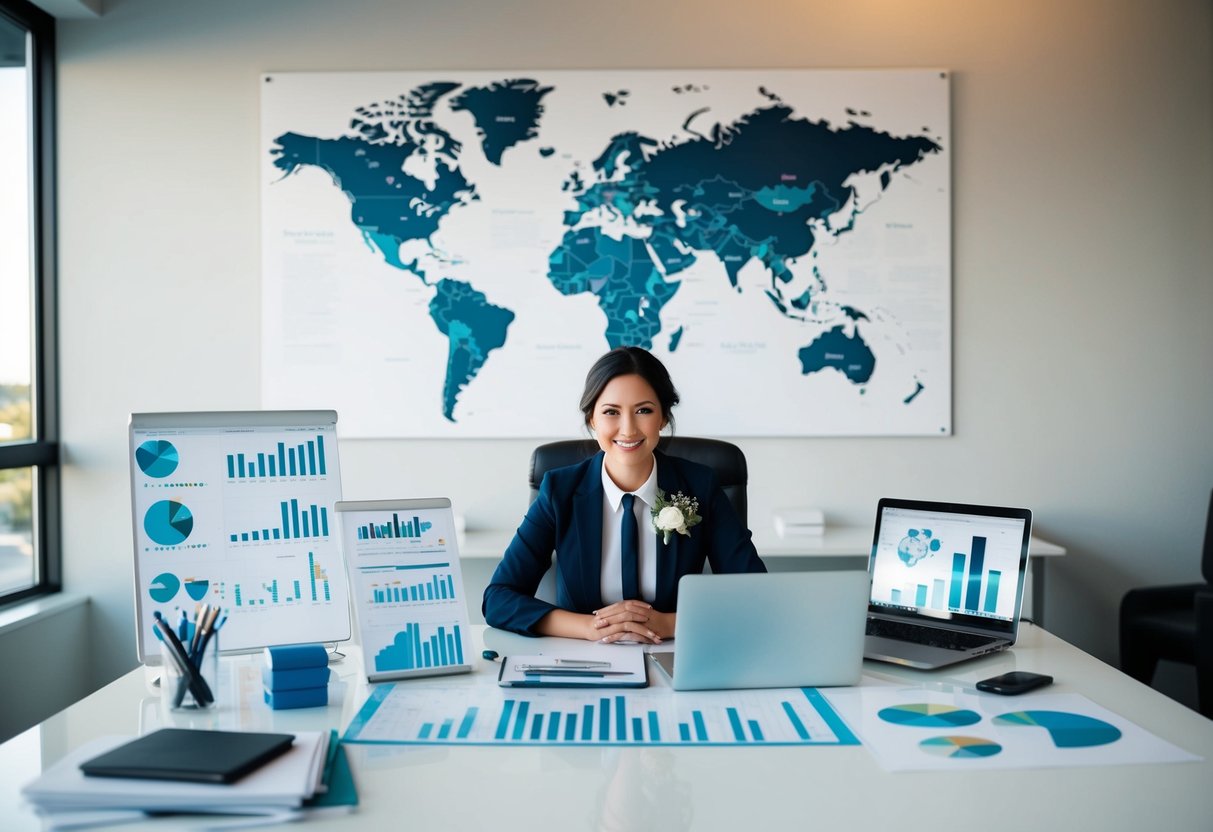 A wedding planner sitting at a desk surrounded by charts, graphs, and a laptop, with a world map on the wall showing various locations