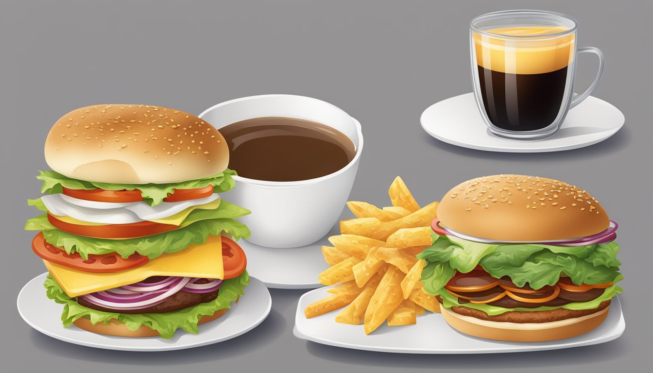 A table split in half, one side with breakfast items like sandwiches and coffee, the other with lunch items like burgers and salads