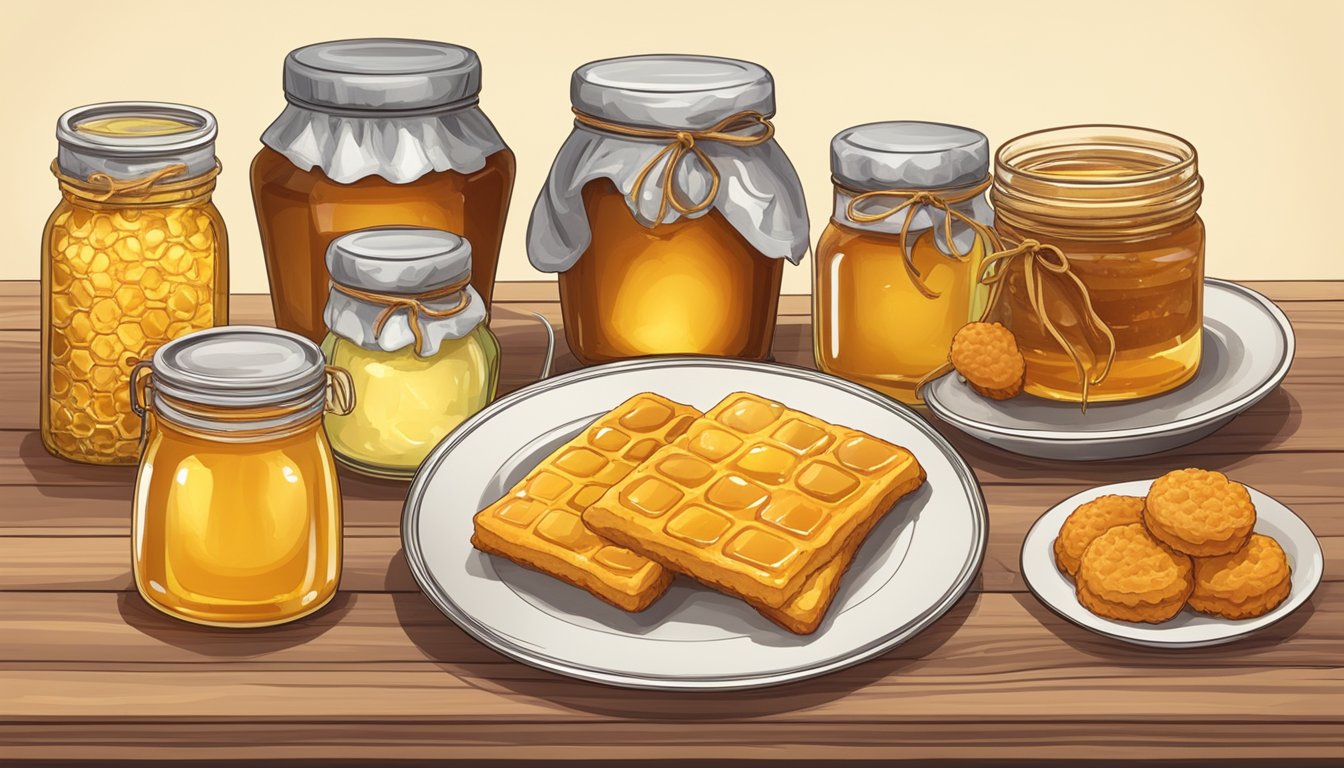 A table with jars of different honey varieties, a golden honeycomb, and a warm, buttered chicken biscuit on a plate