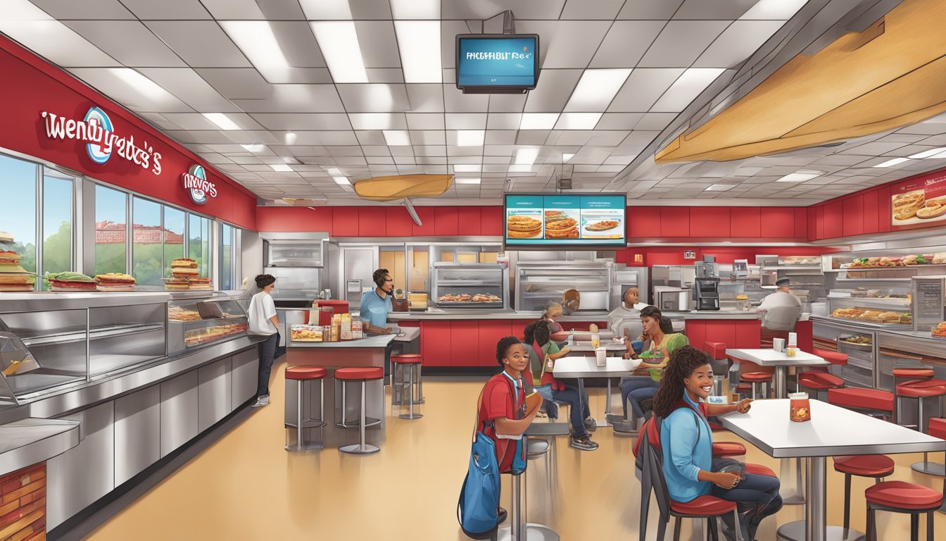 An illustration of a Wendy's restaurant with a bustling breakfast operation, showcasing various channels such as drive-thru, mobile ordering, and in-store dining, supported by franchisee staff and technology