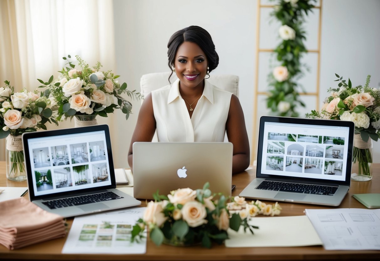 A wedding planner sits at a desk surrounded by fabric swatches, floral arrangements, and sketches of venue layouts. A laptop displays design ideas