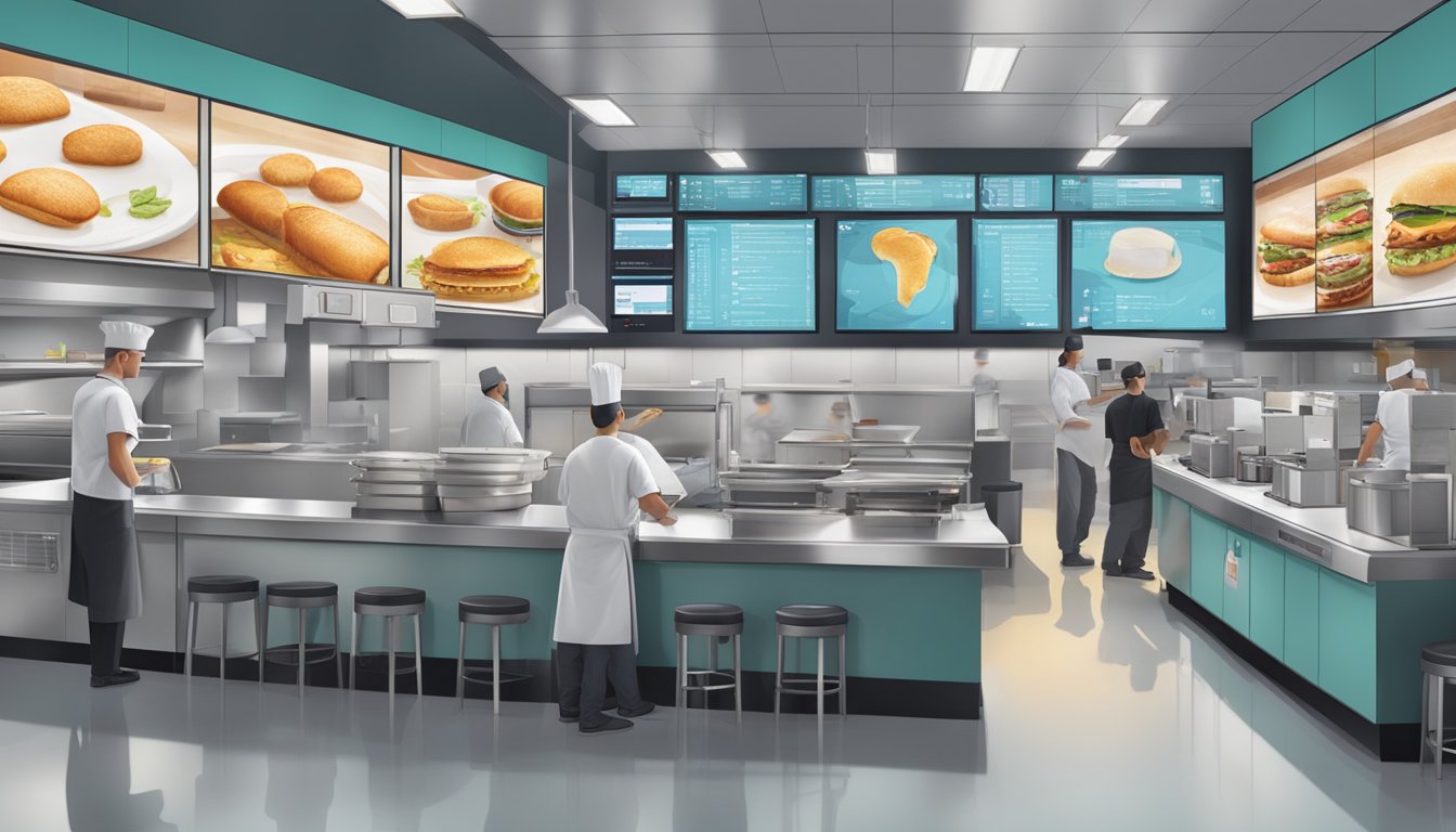 A bustling Wendy's restaurant kitchen with staff preparing breakfast items, while digital screens display operational technology