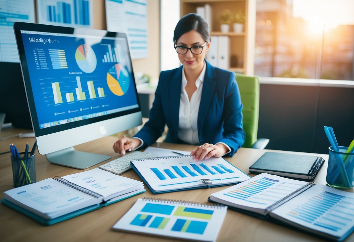 A wedding planner sits at a desk, surrounded by charts and graphs, analyzing data on a computer screen. A calendar and notebook are open, filled with notes and appointments