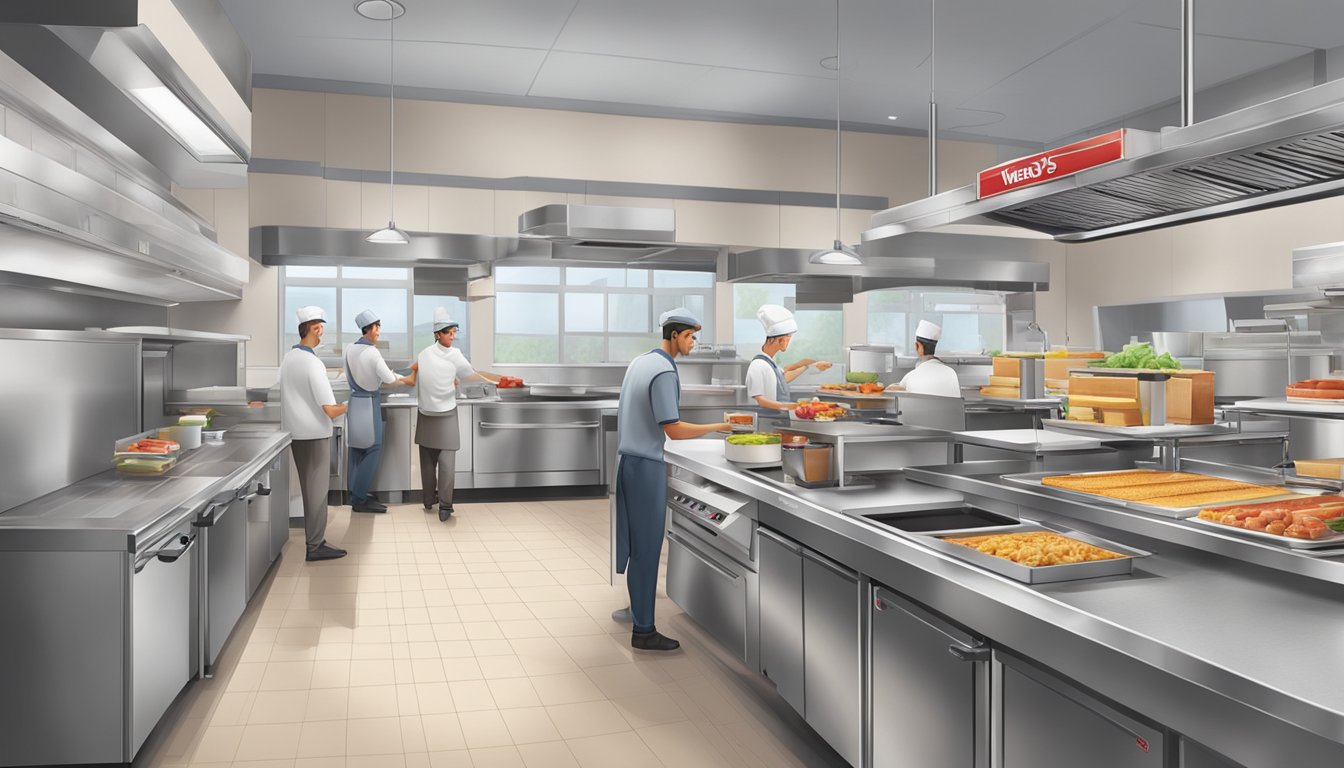 The scene shows a modern kitchen with advanced cooking equipment and digital ordering systems, as employees prepare and serve breakfast items at a Wendy's restaurant