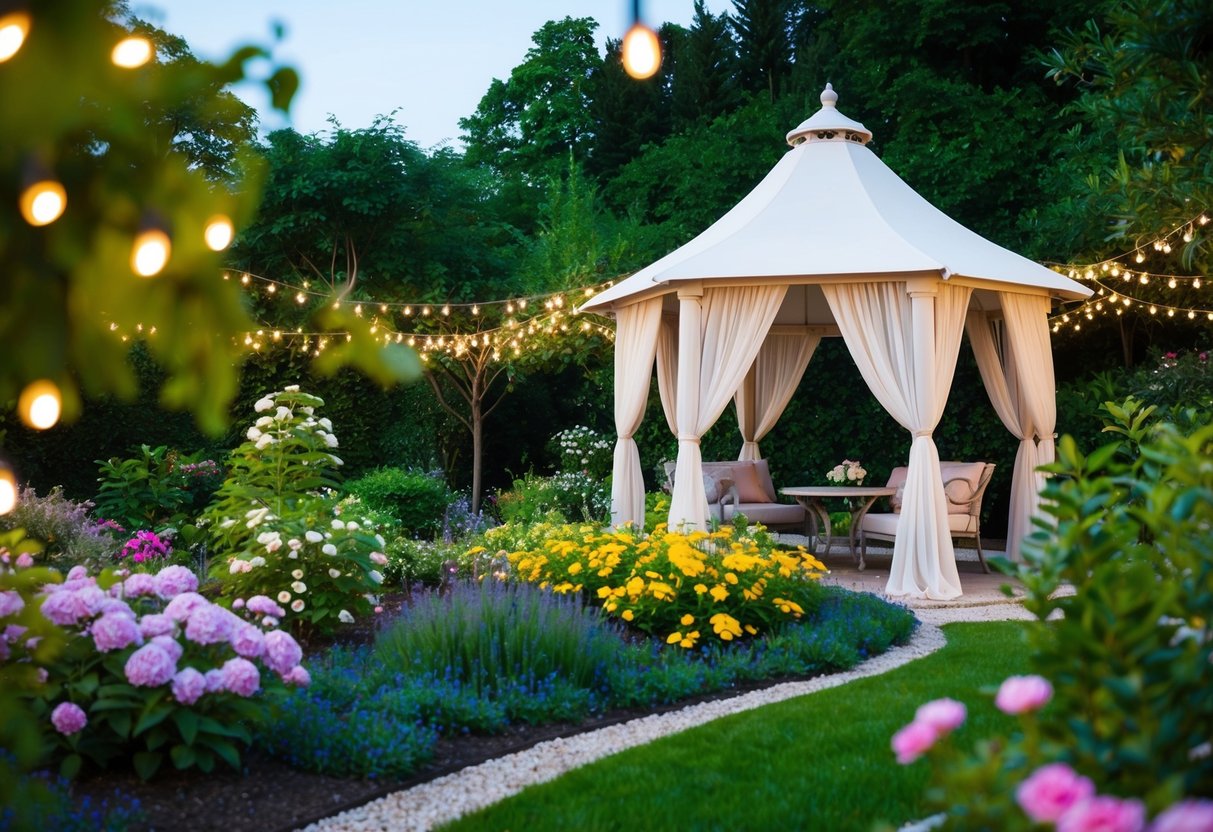A serene garden with blooming flowers and a gazebo adorned with flowing fabric, surrounded by twinkling lights and lush greenery