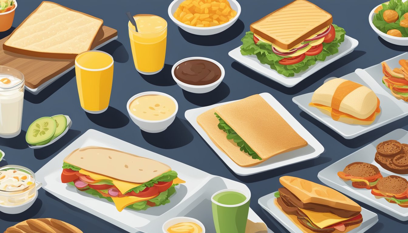 A colorful array of breakfast items, including sandwiches, wraps, and sides, with regional variations displayed on a menu board