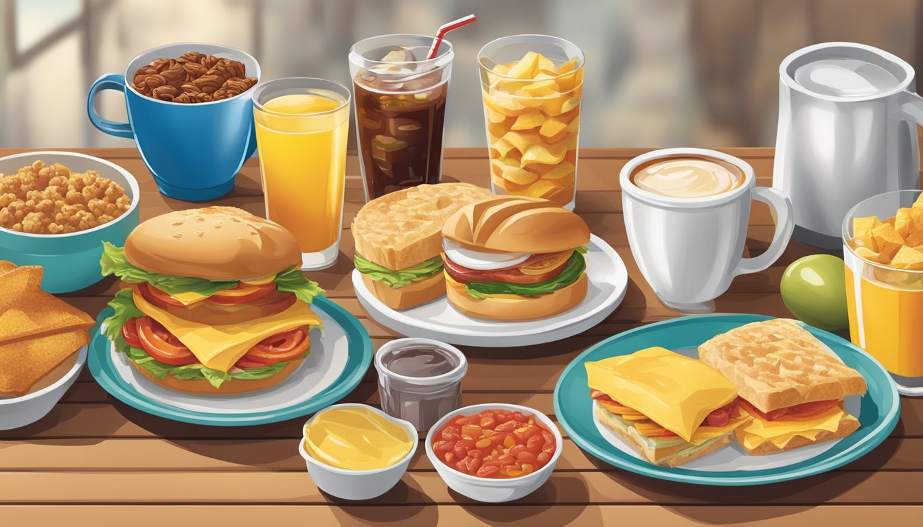 A table with various regional breakfast items from Wendy's, including different sandwiches, sides, and drinks, displayed in a colorful and appetizing manner