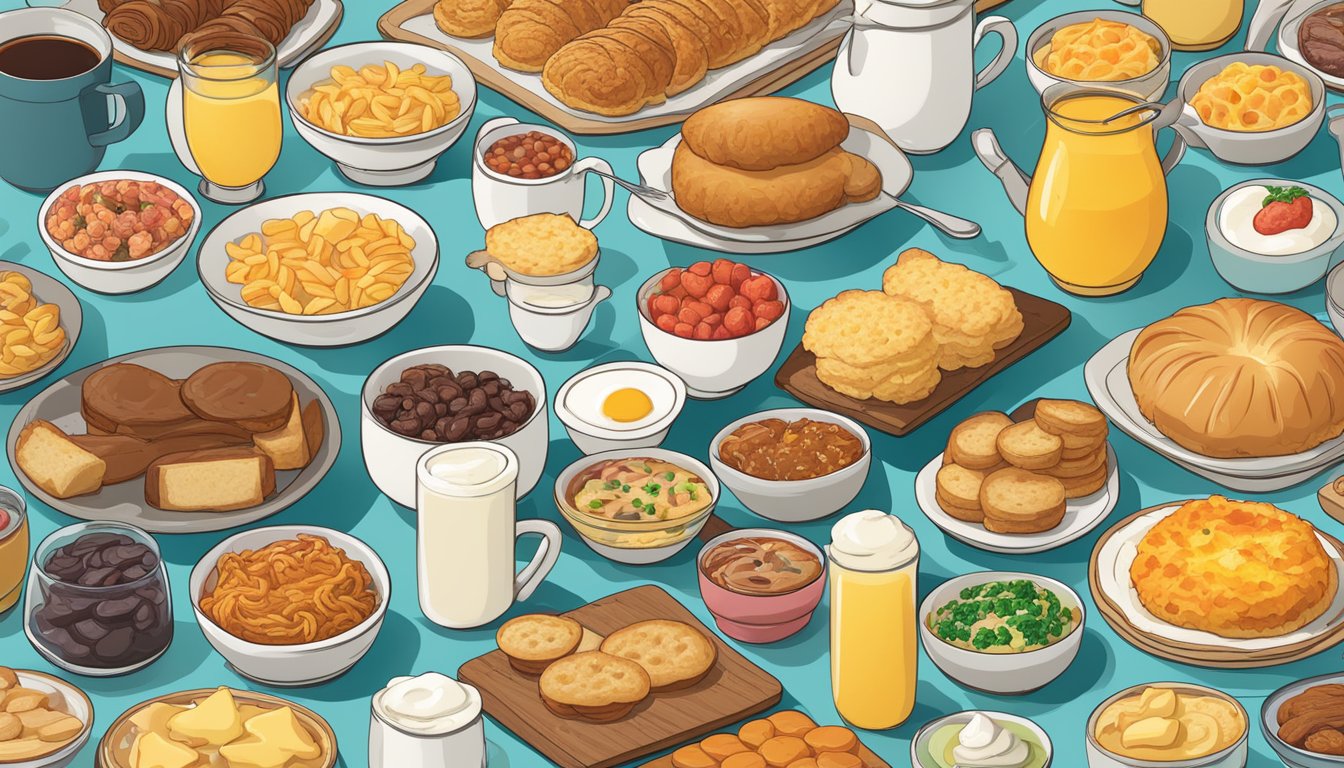 A colorful array of regional breakfast sides and sweets spread out on a table, including biscuits, hash browns, and pastries