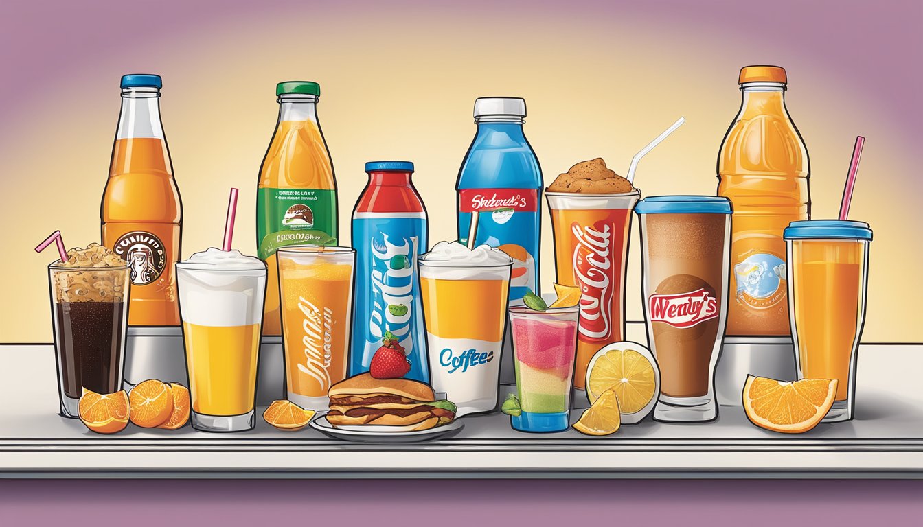 A colorful array of breakfast beverages, including coffee, orange juice, and soda, displayed alongside regional specialty drinks at Wendy's