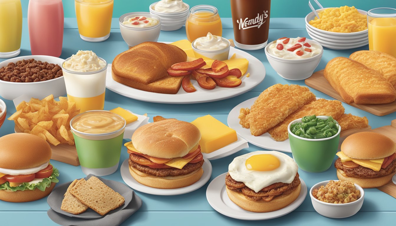 A colorful spread of regional breakfast items from Wendy's, including different dishes and nutritional information displayed on a menu board