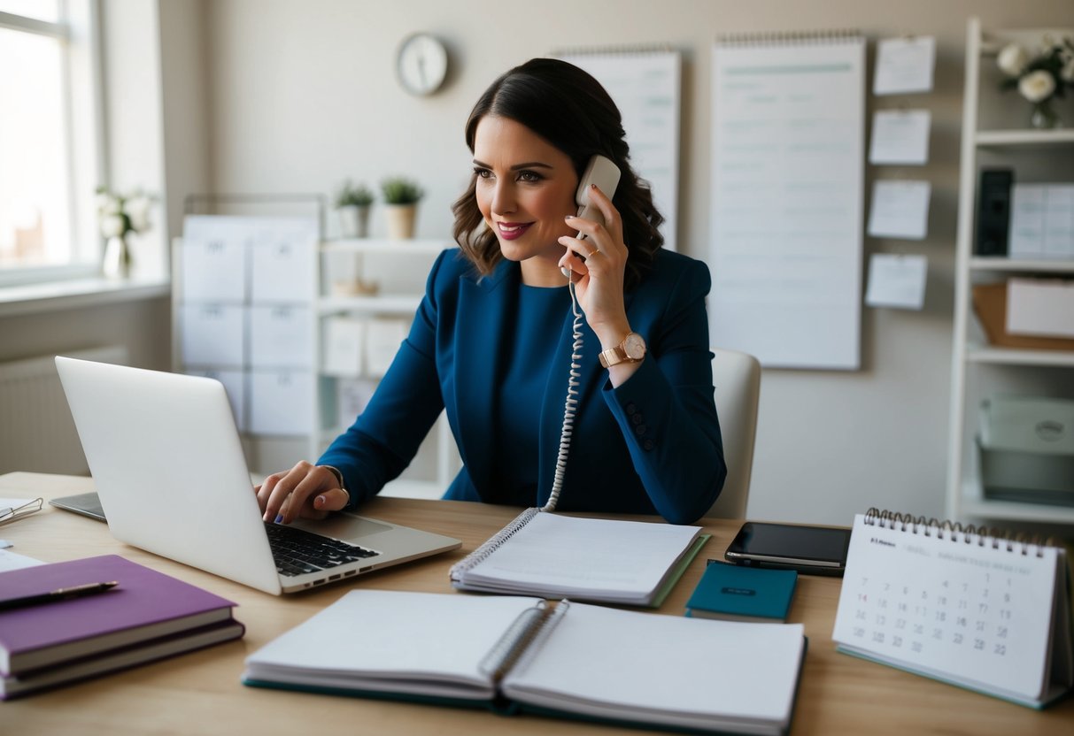A wedding planner sits at a desk, surrounded by notebooks, calendars, and a laptop. They are on the phone, coordinating details for a wedding event