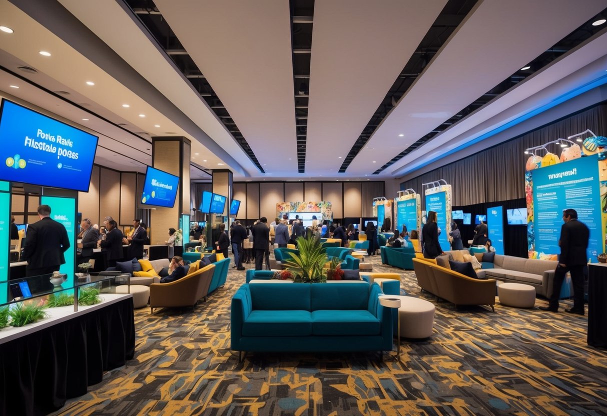 A bustling event space with interactive displays, comfortable seating, and vibrant decor, creating a welcoming and engaging atmosphere for attendees