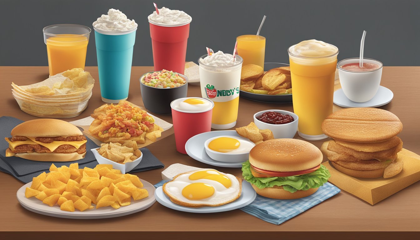 A table set with regional variations of Wendy's breakfast combos and deals, featuring a variety of food items and beverages