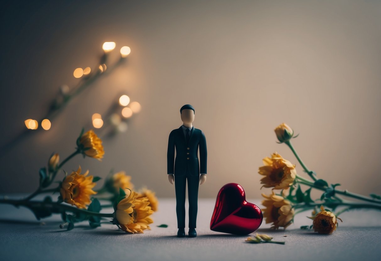 A single figure standing alone in a dimly lit room, surrounded by wilting flowers and a broken heart-shaped ornament