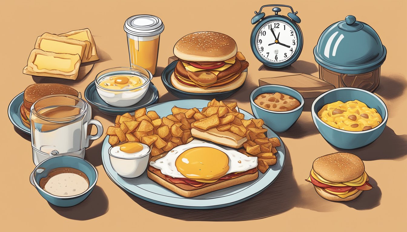 A spread of Wendy's breakfast items with a clock showing different times, representing regional variations in breakfast hours