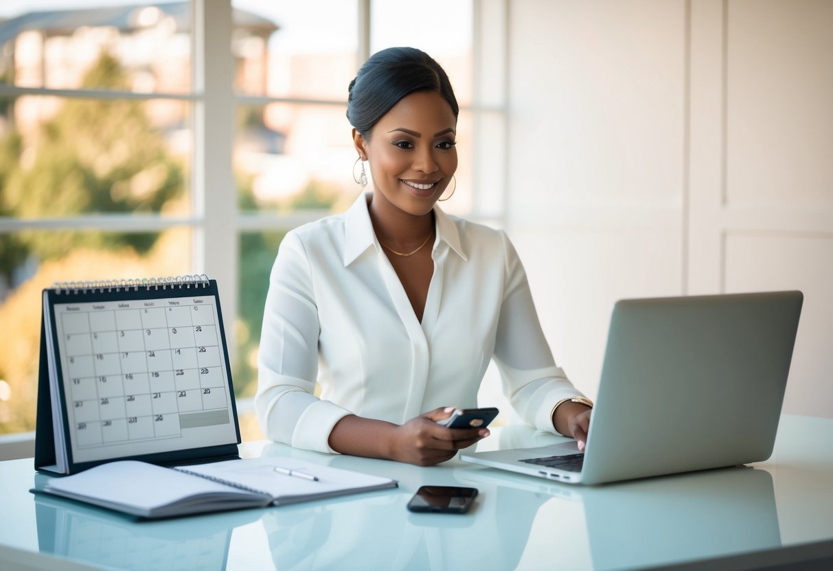 A wedding planner sitting at a desk with a calendar, phone, and laptop, coordinating details for a big wedding day