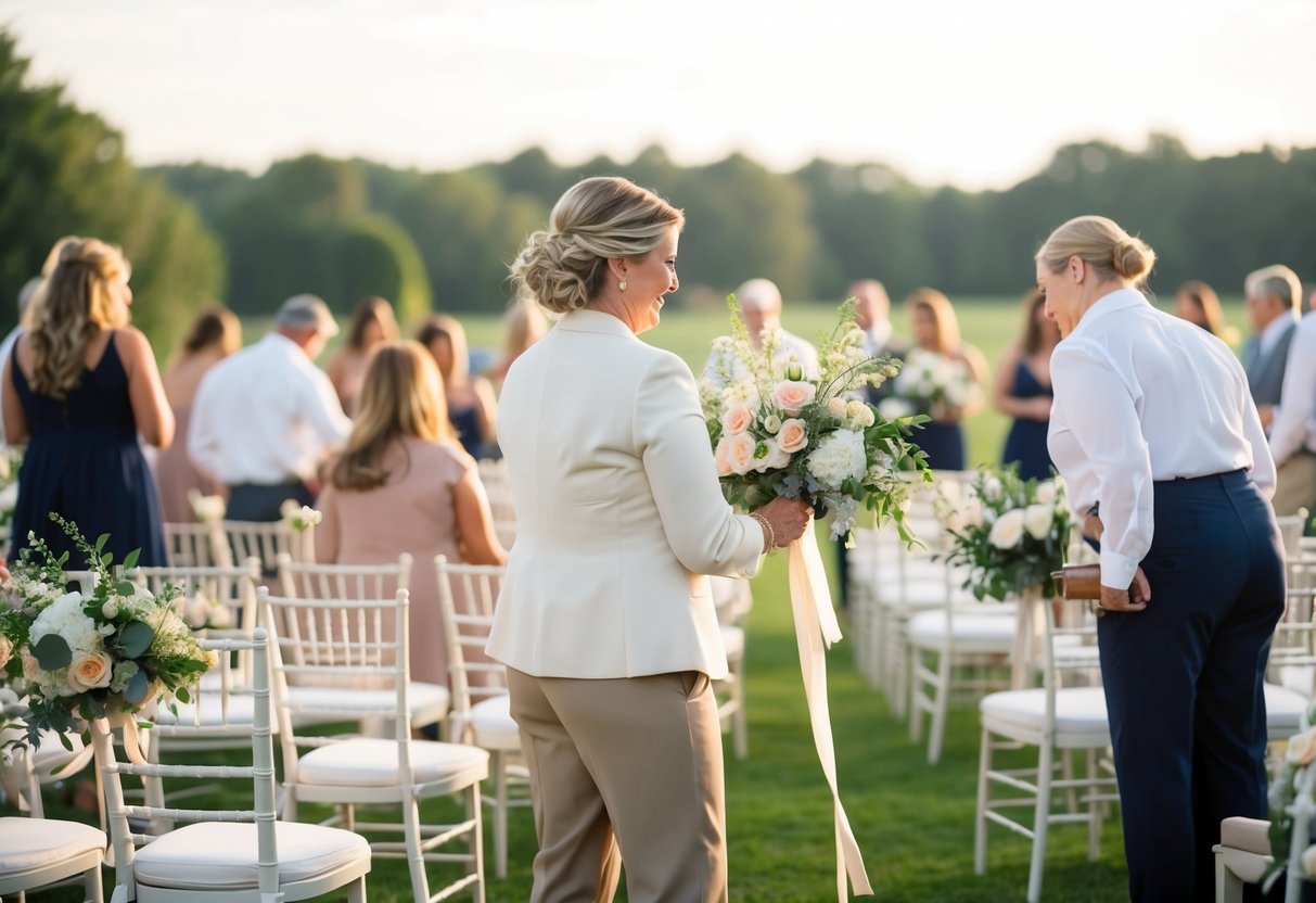 A wedding planner coordinating seating arrangements and floral arrangements for a large outdoor ceremony