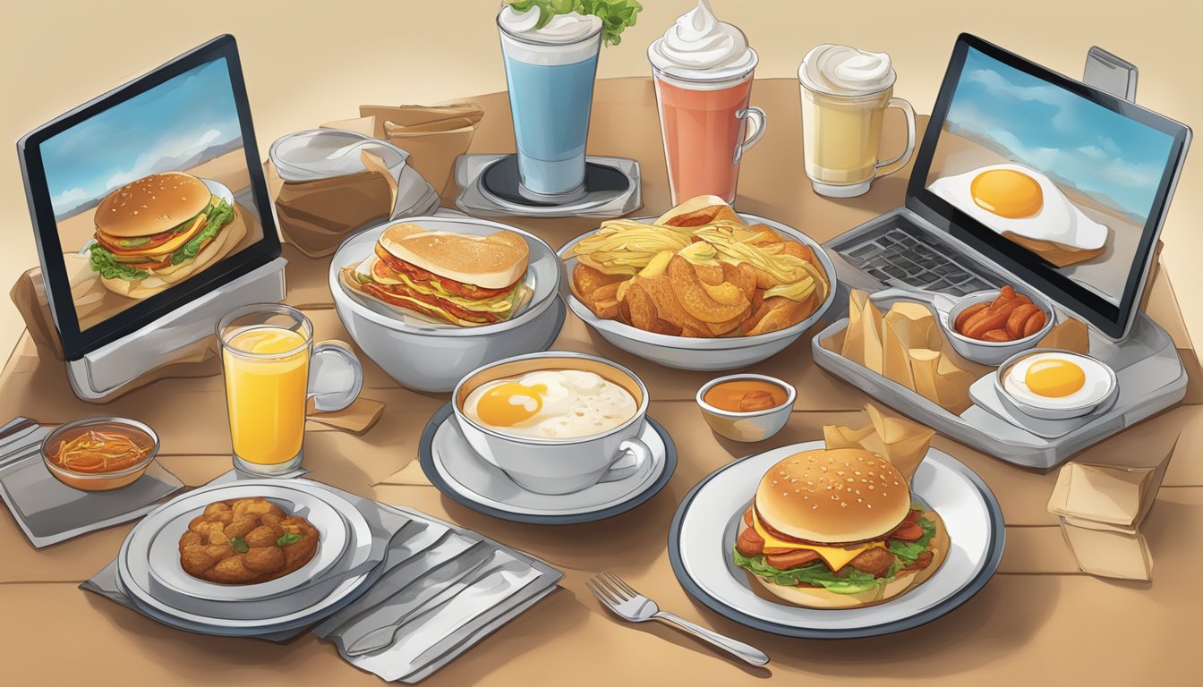 A breakfast table with a variety of regional dishes from Wendy's menu, alongside modern technological devices for efficient service