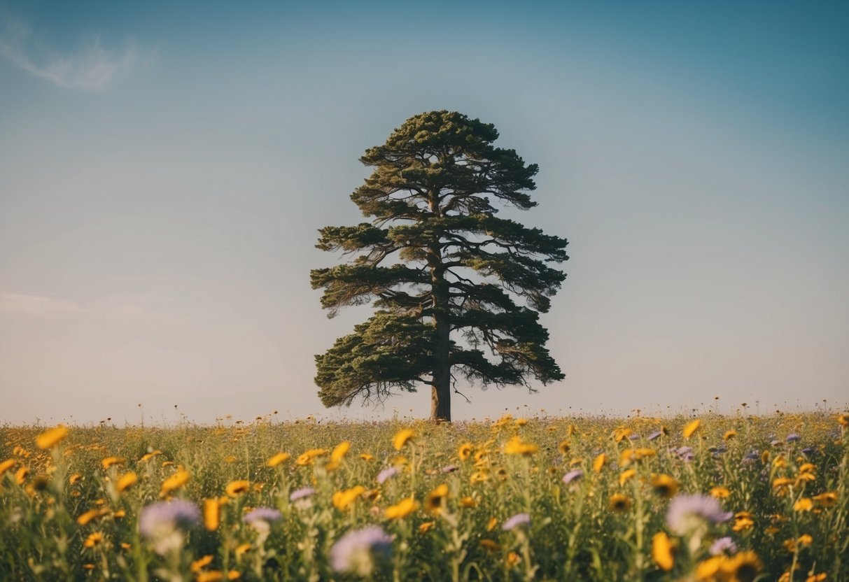 A lone tree standing tall amidst a field of wildflowers, symbolizing personal growth and resilience in the face of change