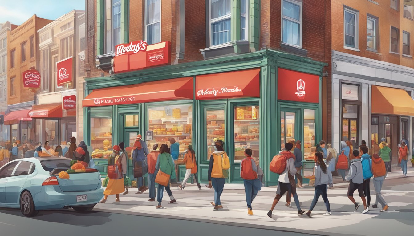 A bustling city street with a prominent Wendy's storefront, surrounded by a diverse community of people interacting with various breakfast marketing materials