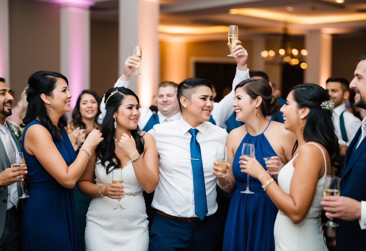 A group of people celebrating at a wedding reception. One person looks uncomfortable while others chat and laugh
