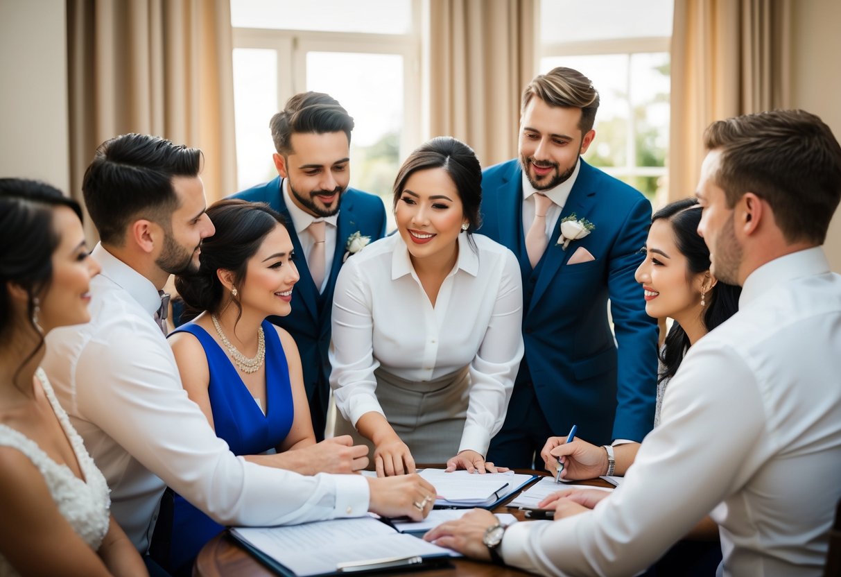 A wedding planner surrounded by multiple couples discussing plans and details for their upcoming weddings