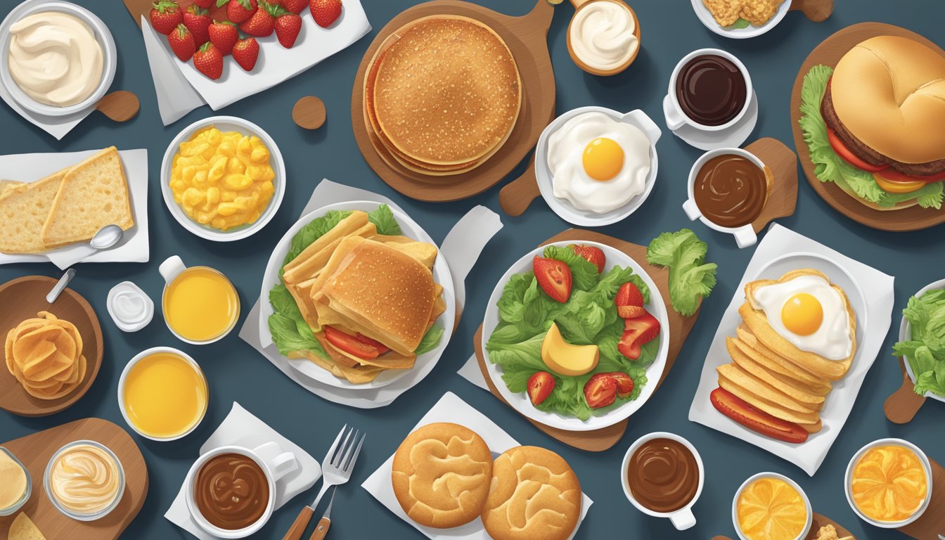 A table spread with a variety of Wendy's breakfast options, including items suitable for special diets, such as gluten-free and vegetarian choices