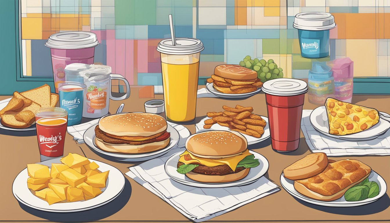 A table with various Wendy's breakfast items arranged neatly, surrounded by colorful nutritional information charts and graphs