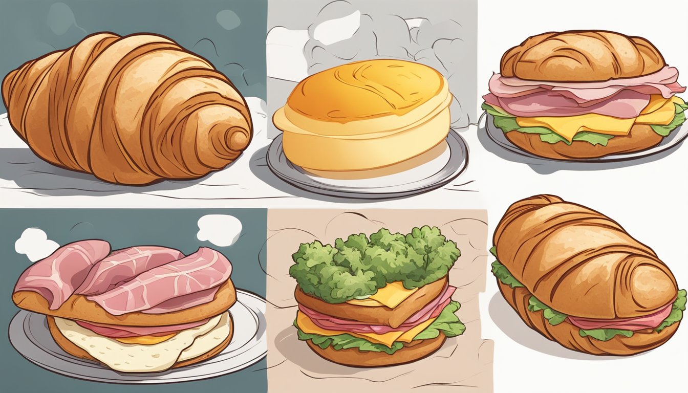 A croissant morphs into a croissan'wich, surrounded by ingredients like ham, cheese, and egg, symbolizing its evolution